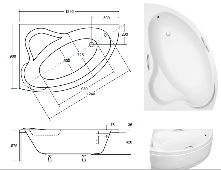 ECKBADEWANNE 140x90 Links Ada Ablaufgarnitur + Füße GRATIS